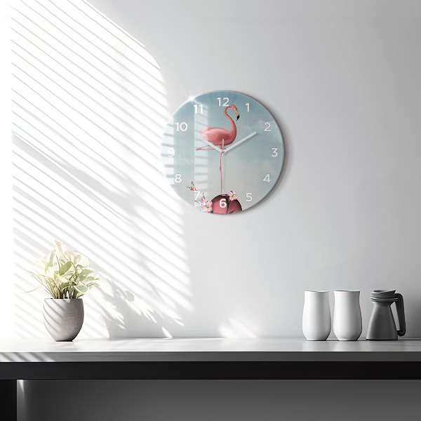 Round glass clock Surreal Flamingo