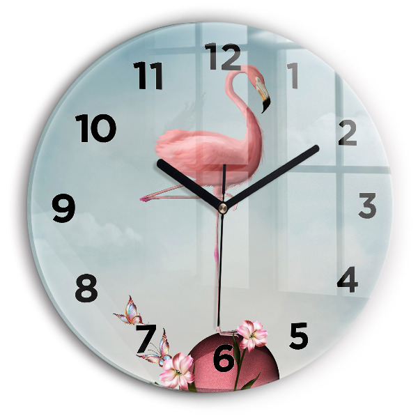 Round glass clock Surreal Flamingo