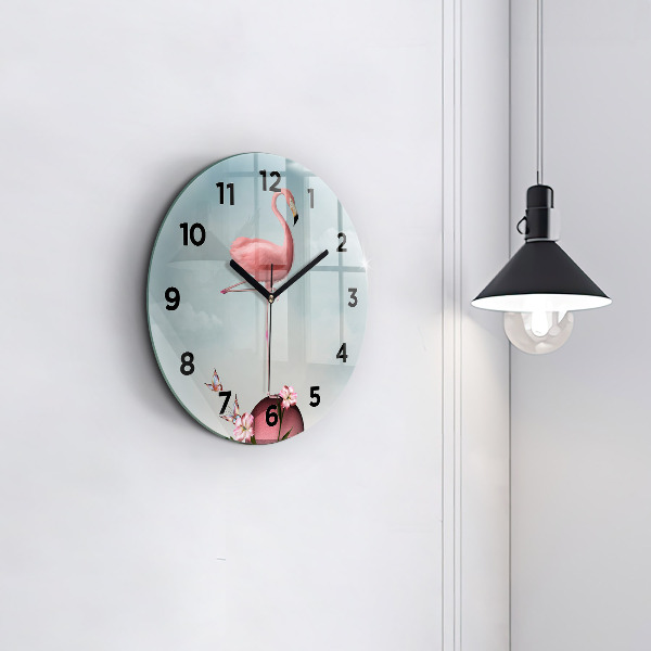 Round glass clock Surreal Flamingo