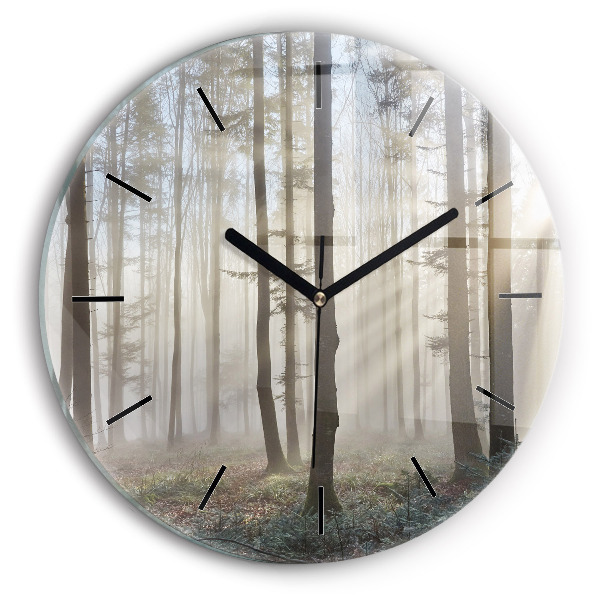 Round glass clock Forest in the fog