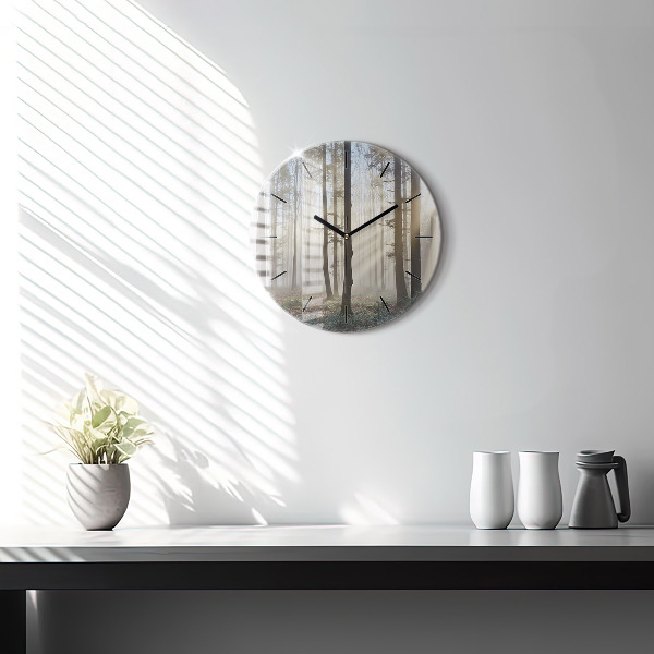 Round glass clock Forest in the fog
