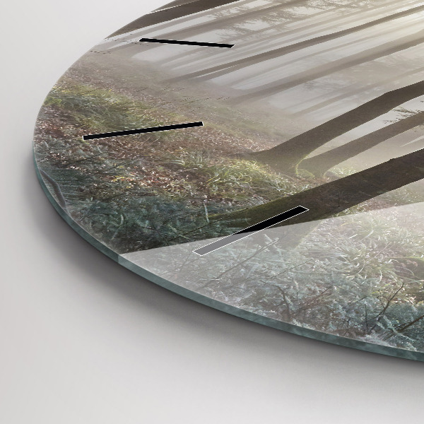 Round glass clock Forest in the fog