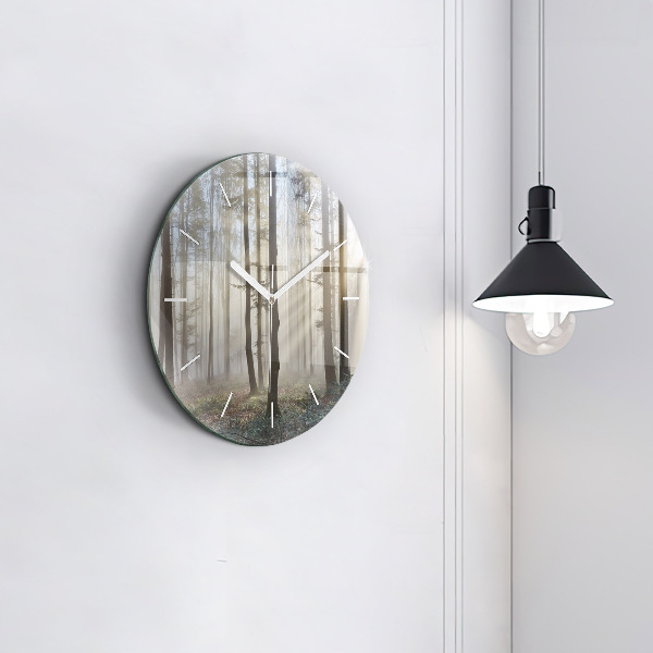 Round glass clock Forest in the fog