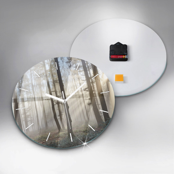 Round glass clock Forest in the fog