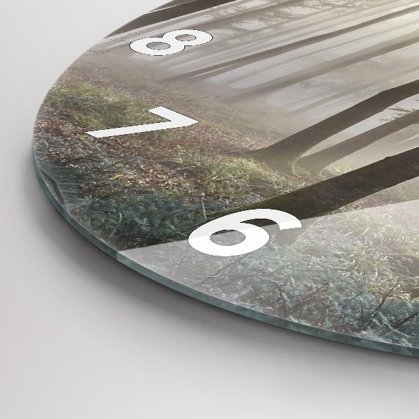 Round glass clock Forest in the fog