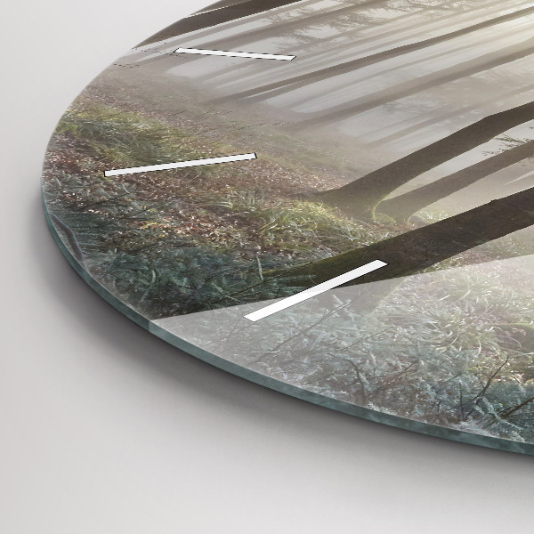 Round glass clock Forest in the fog