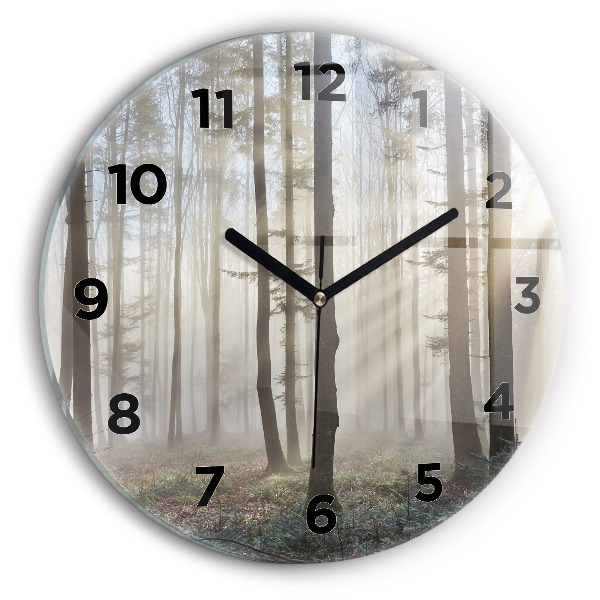 Round glass clock Forest in the fog