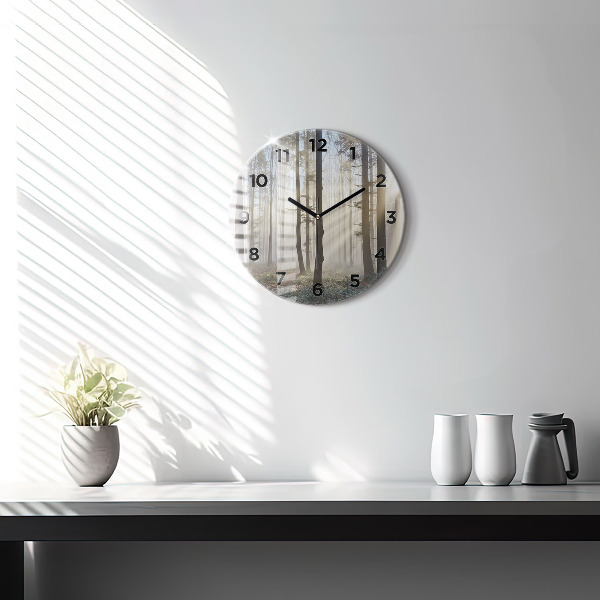 Round glass clock Forest in the fog