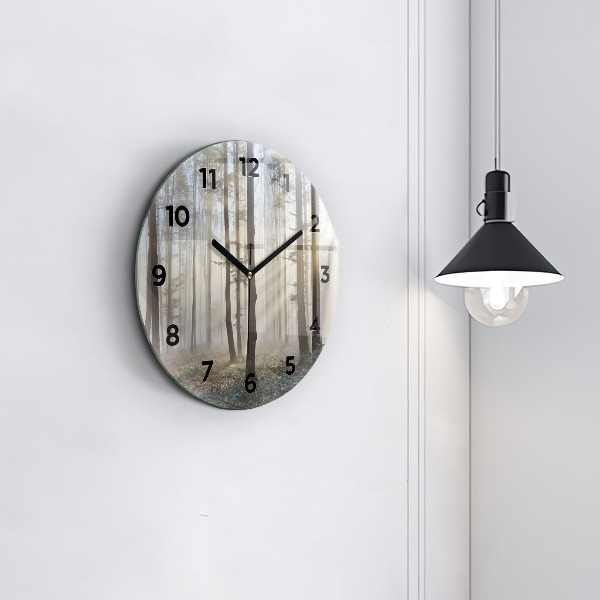Round glass clock Forest in the fog