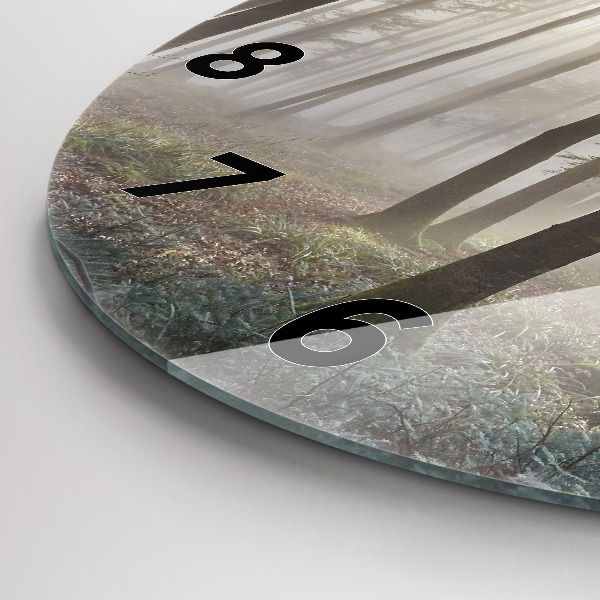 Round glass clock Forest in the fog