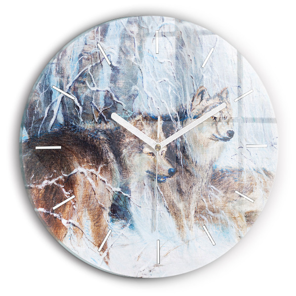 Round glass clock Wolves in the forest