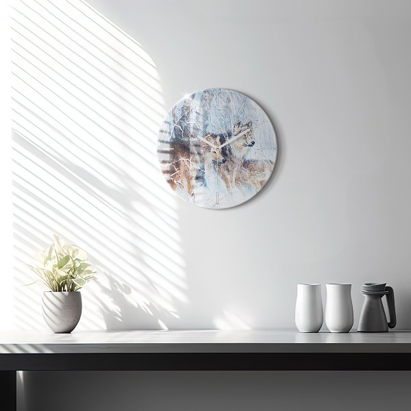 Round glass clock Wolves in the forest