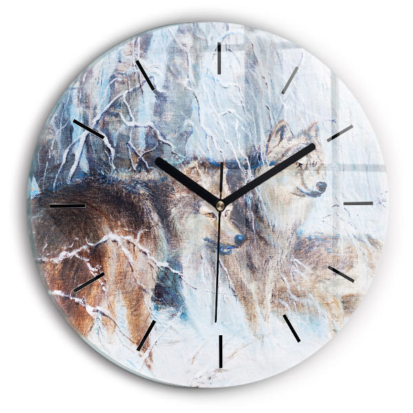 Round glass clock Wolves in the forest