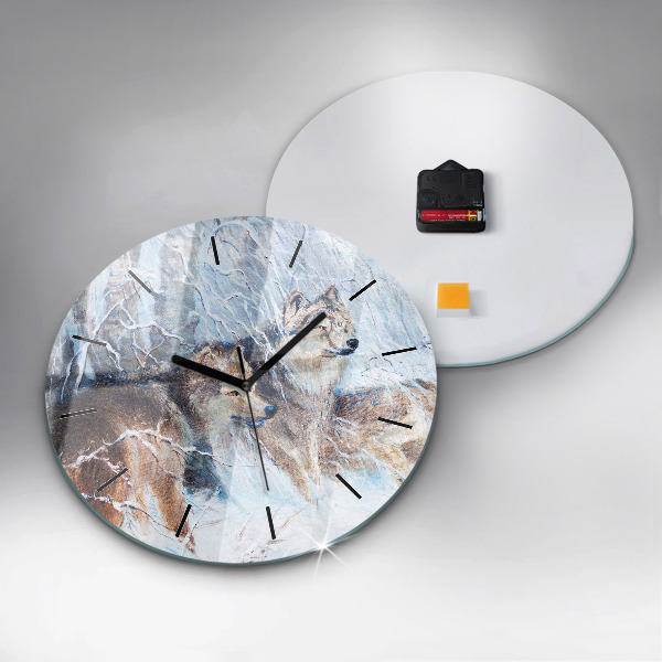 Round glass clock Wolves in the forest