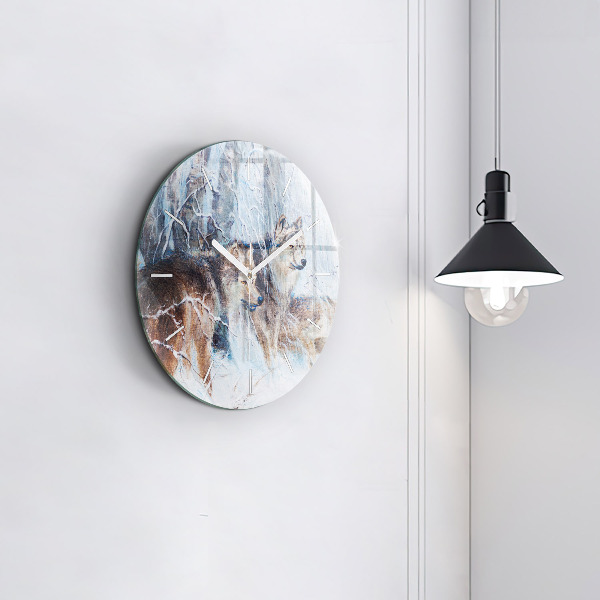 Round glass clock Wolves in the forest