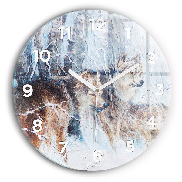 Round glass clock Wolves in the forest