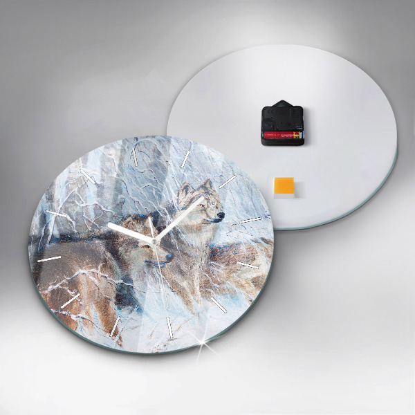 Round glass clock Wolves in the forest