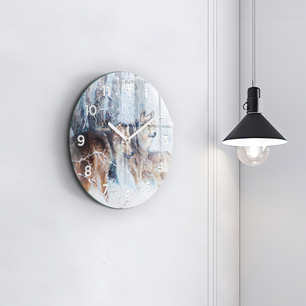 Round glass clock Wolves in the forest
