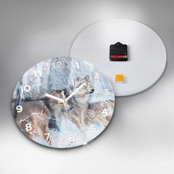 Round glass clock Wolves in the forest
