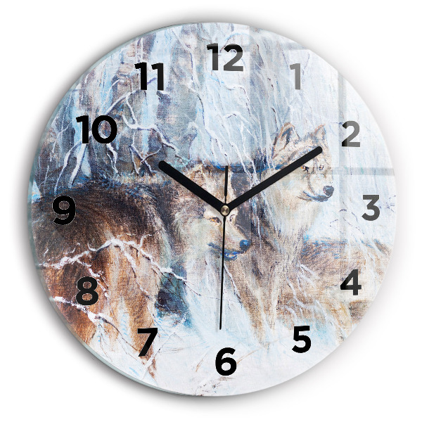 Round glass clock Wolves in the forest