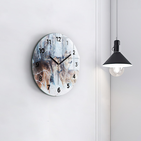Round glass clock Wolves in the forest