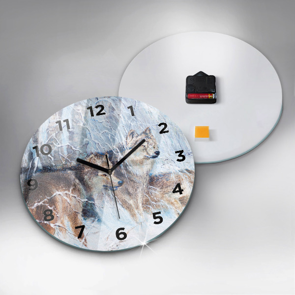 Round glass clock Wolves in the forest
