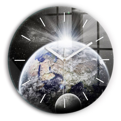 Round glass clock Earth Moon Sun