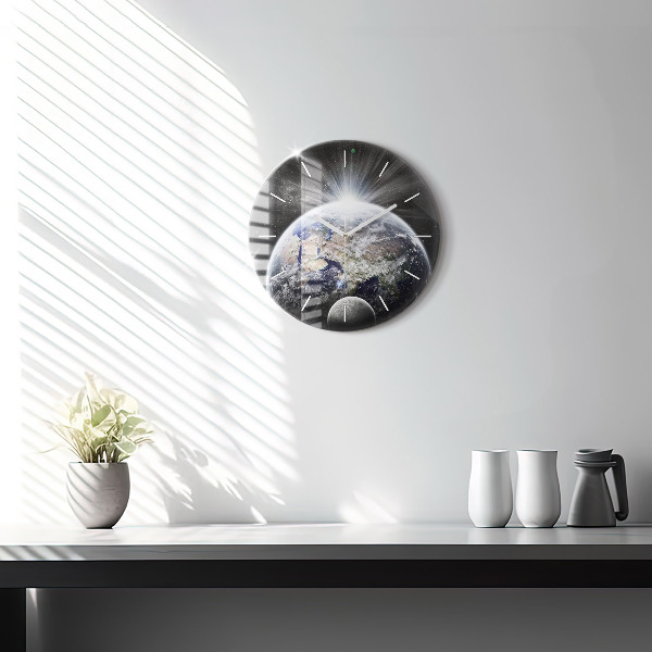Round glass clock Earth Moon Sun