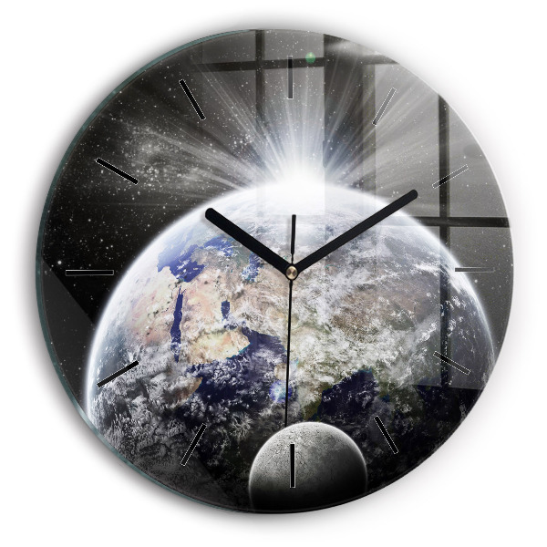 Round glass clock Earth Moon Sun