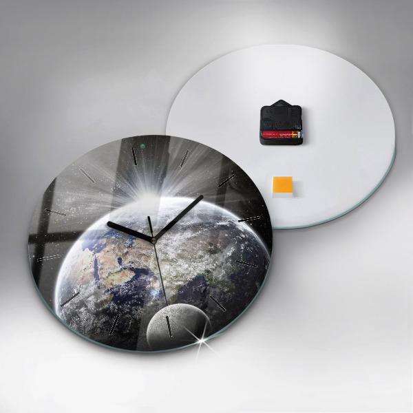 Round glass clock Earth Moon Sun