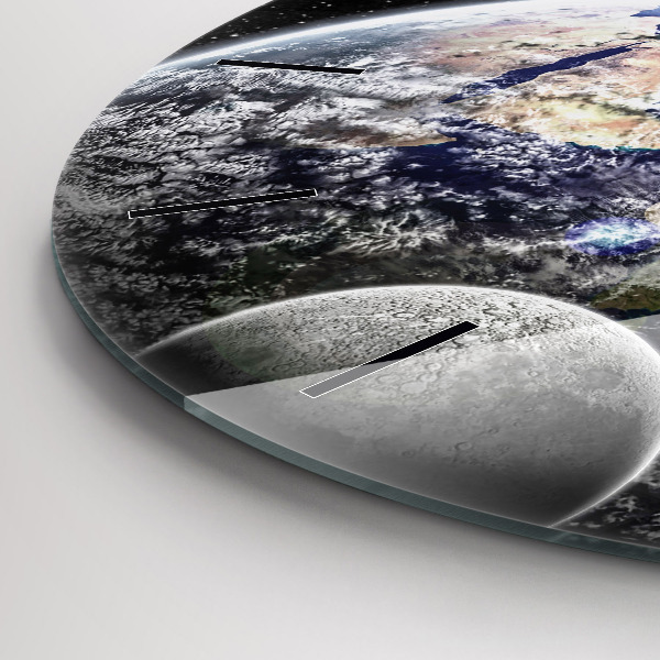 Round glass clock Earth Moon Sun