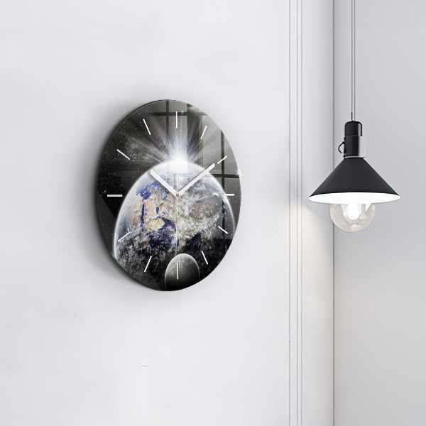 Round glass clock Earth Moon Sun