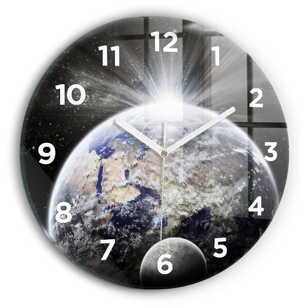 Round glass clock Earth Moon Sun