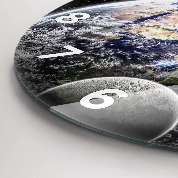Round glass clock Earth Moon Sun