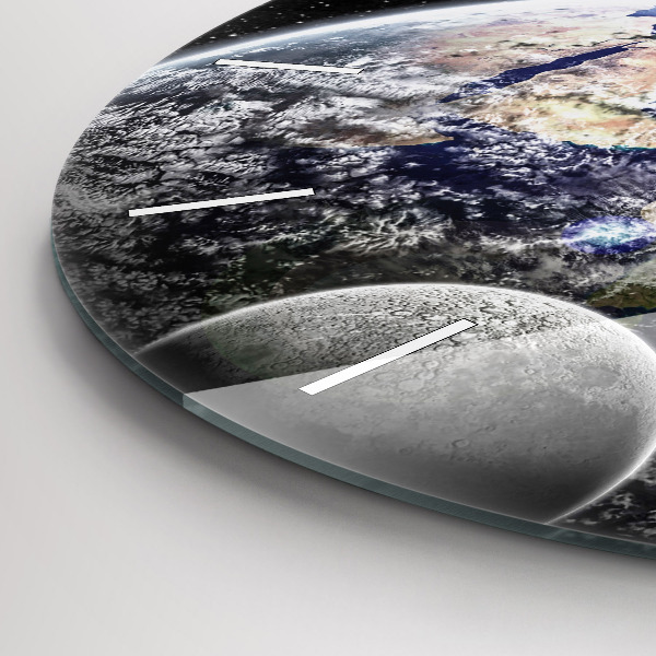 Round glass clock Earth Moon Sun