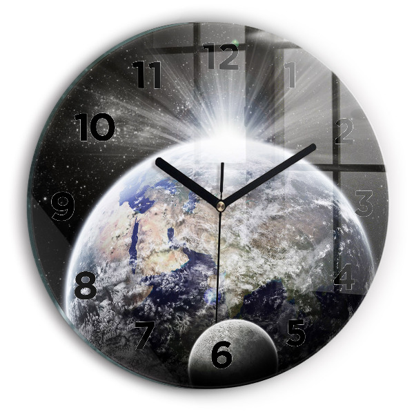 Round glass clock Earth Moon Sun
