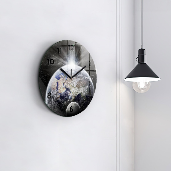 Round glass clock Earth Moon Sun