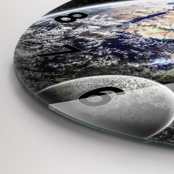 Round glass clock Earth Moon Sun