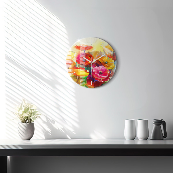 Round glass clock Colorful poppies