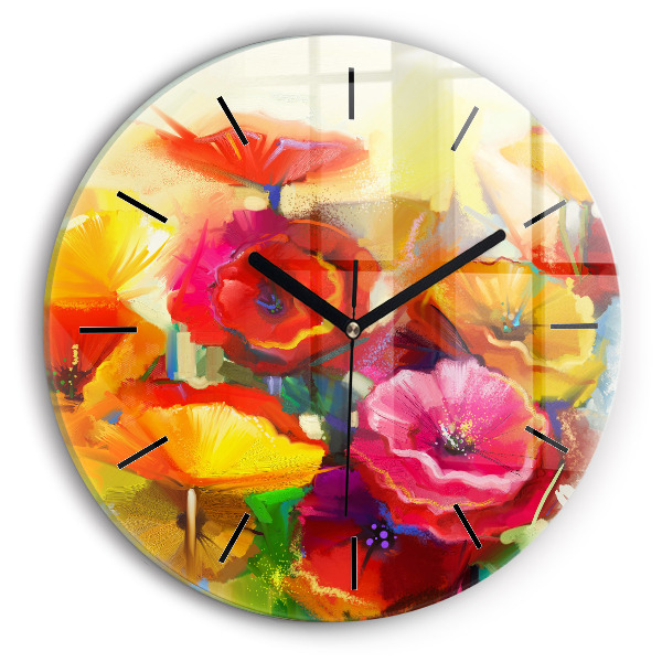 Round glass clock Colorful poppies
