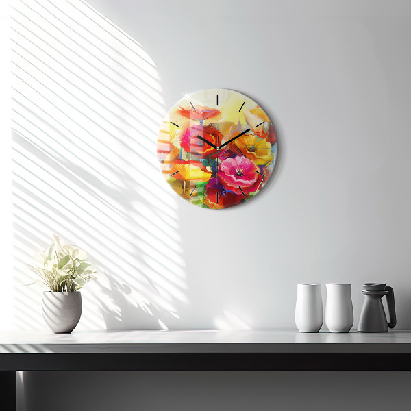 Round glass clock Colorful poppies