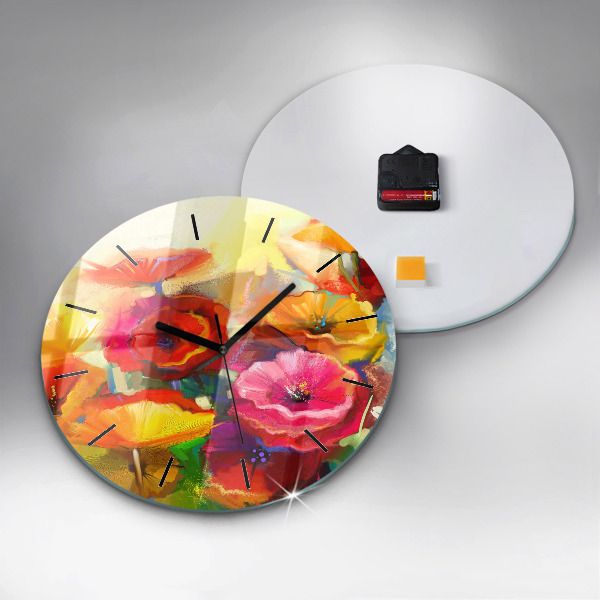 Round glass clock Colorful poppies