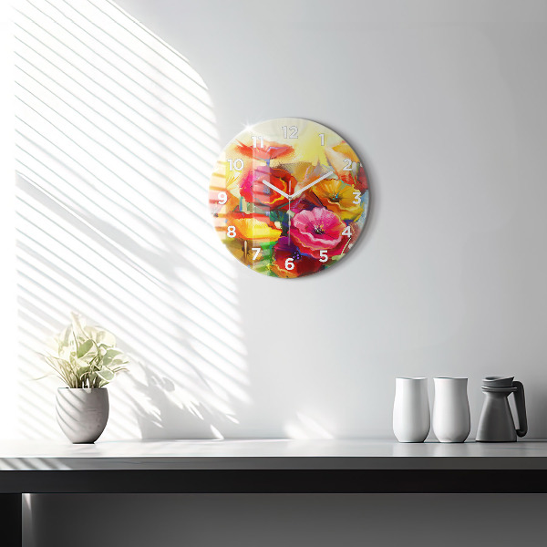 Round glass clock Colorful poppies
