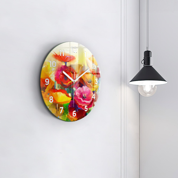 Round glass clock Colorful poppies