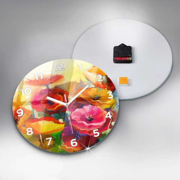 Round glass clock Colorful poppies