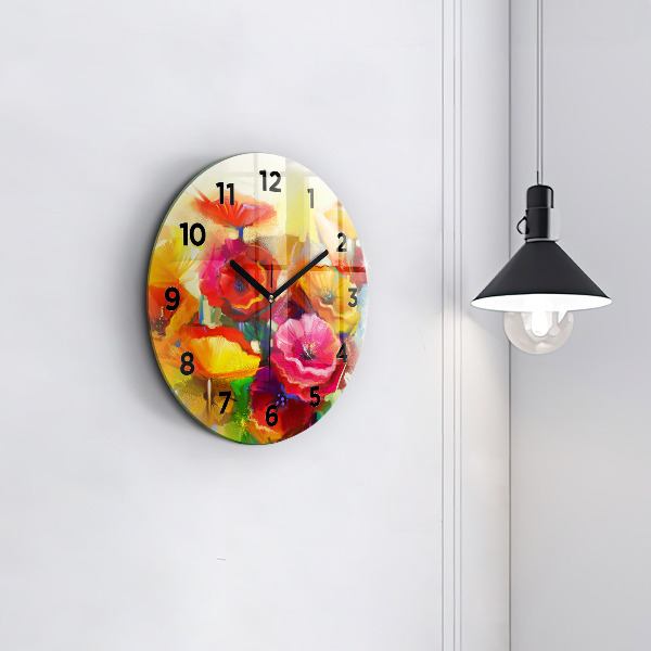 Round glass clock Colorful poppies