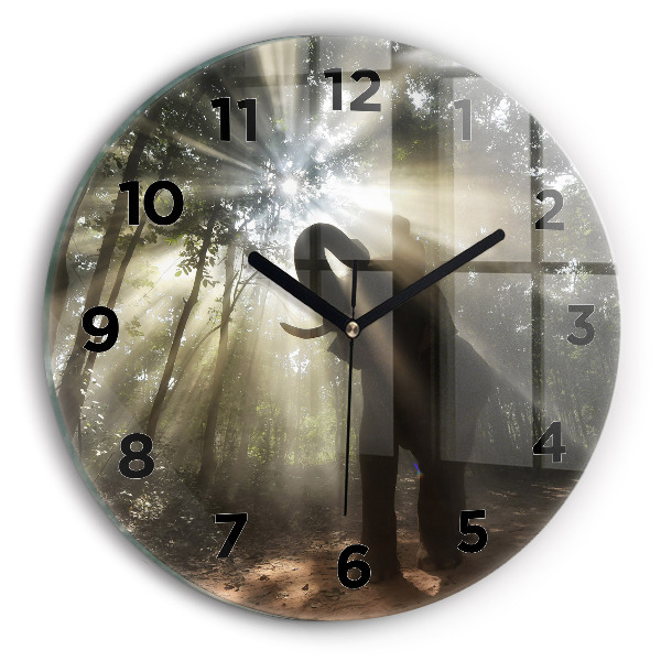 Round glass clock Elephant in the jungle