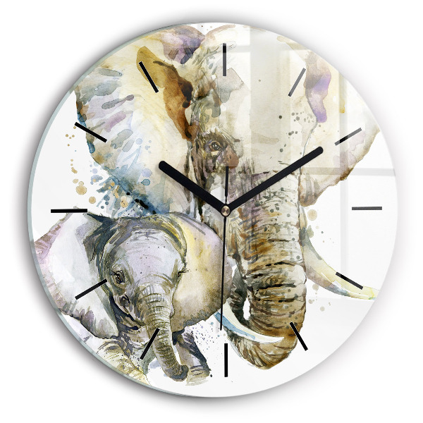 Round glass clock Painted animals elephants