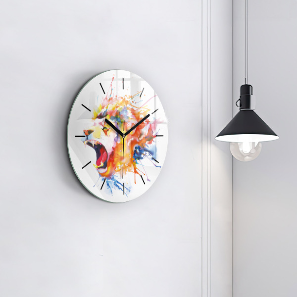 Round glass clock Lion - watercolor