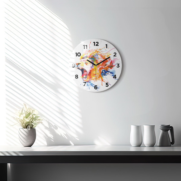 Round glass clock Lion - watercolor
